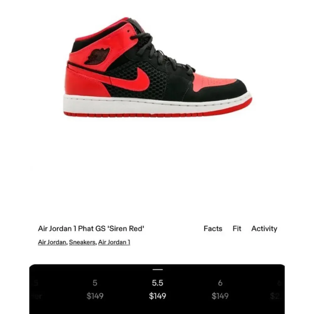 Nike Air Jordan 1 Phat Black/Siren Red-White Girls Size 6Y